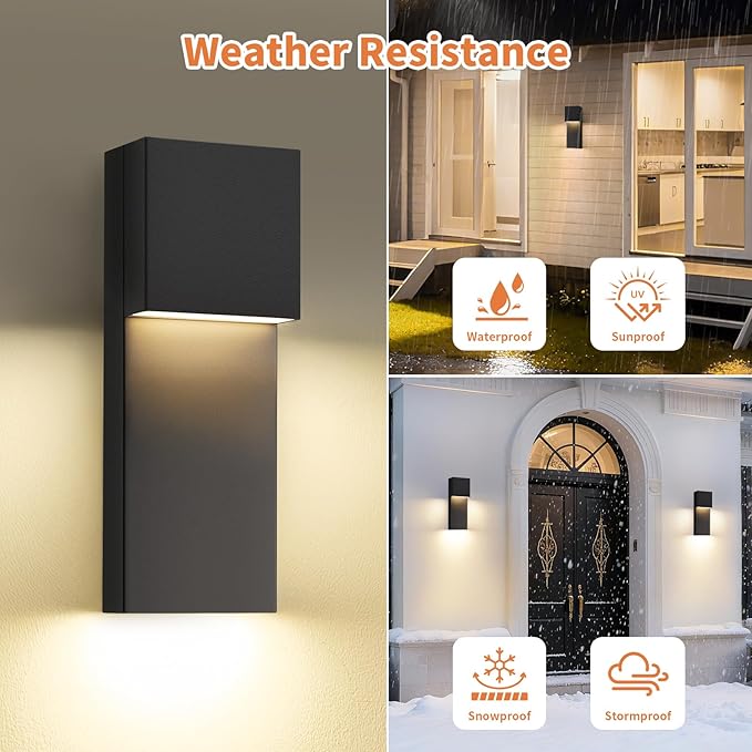 tewei Modern LED Outdoor Wall Sconce, 15'' 20W Outdoor Light Fixtures Exterior Wall Lights, Black LED Front Porch Lights Outside Wall Mount Lighting for House, Backyard, Warm White 3000K, 2 Pack