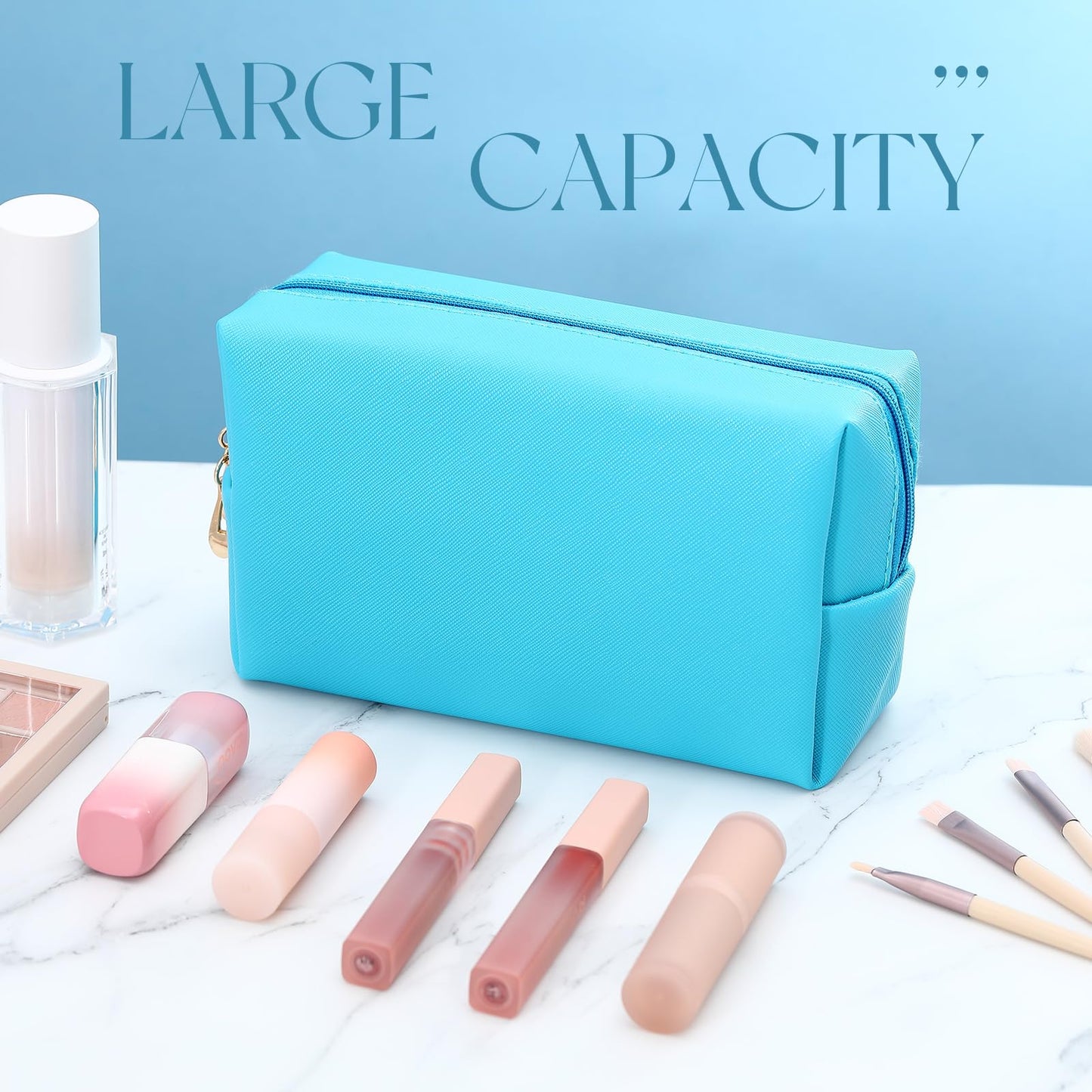 Kigeli Aesthetic Makeup Bags PU Leather Cosmetic Pouches Waterproof Plain Toiletry Bags Makeup Pouches Bulk for Women Party Gift Travel Storage Organizer(Blue Teal,7.1 x 2.8 x 4.3 in)