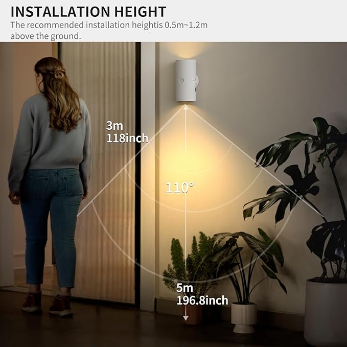 LED Wireless Wall Sconce, Motion Sensor Light Indoor, 1500mAh Rechargeable Battery Operated Wall Sconces for Bedroom Bedside Hallway Courtyard Doorway (White-Warm White)