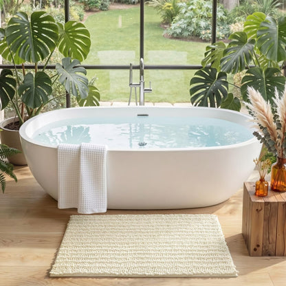 DEXI Bathroom Rugs 24x43, Super Soft Thick Chenille Absorbent Bath Mat, Non Slip Machine Washable Fluffy Shag Bathmat for Tub, Shower Floor, Ivory