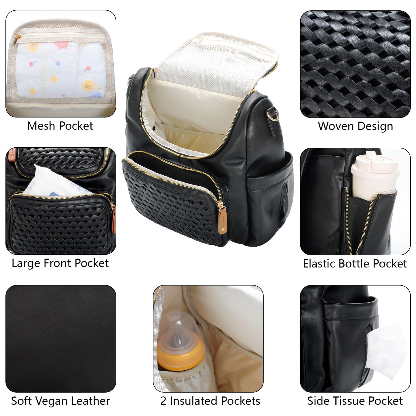 Minsong Diaper Bag Backpack, Small Diaper Backpack for Mom with Changing Station, Stylish Vegan Leather Travel Diaper Nappy Bags (Black)