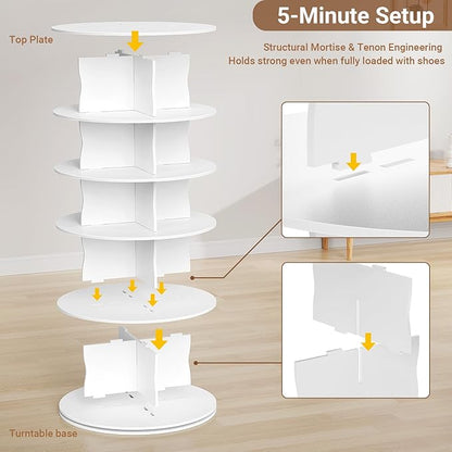 6-Tier Rotating Standing Shelf Unit with Dividers, 360° Storage Display Tower Vertical Floor Organizer, for Bedroom, Closet, Entryway & Office, Ideal for Shoes, Cosmetics & Handbags, White