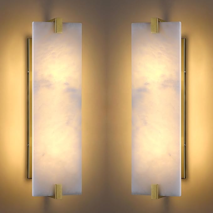2 Pack 2 Light Square 18.86" Alabaster Marble Bathroom Wall Sconce Modern Concise Style Wall Light Fixture,Gold Finish for Bedroom Hallway Bedside