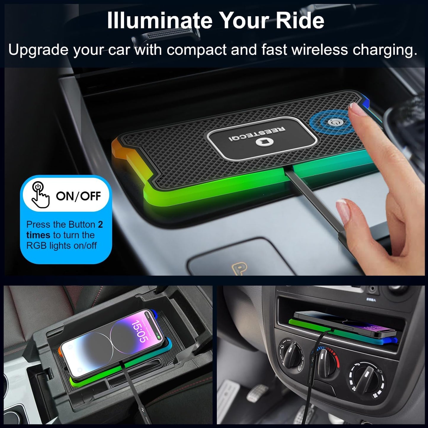 Wireless Car Charger Pad, REESTECQI 15W RGB Wireless Charger for Car Type C Non Slip Charging Pad for Car Compatible with Airpods iPhone 16/15/14/13/12,Samsung Google (30CM Cable)