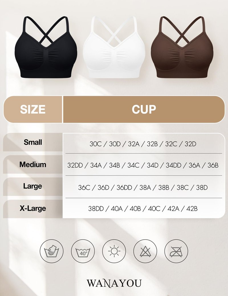 WANAYOU Bras for Women Bralettes for Women with Support Wireless Bras Compfortable No Underwire Push Up Padded Bra Seamless Soft Lift Everyday Bra V Neck Ajustable Straps T Shirt Bra 3 Pack