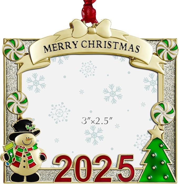 2025 Christmas Tree Ornament Picture Frame Ornament - Made of Zinc Alloy Glitter Powder Pendant 3x2.5 Inch Picture Frame for Pet and Baby Holiday Keepsake Gift (Snowman,Golden)