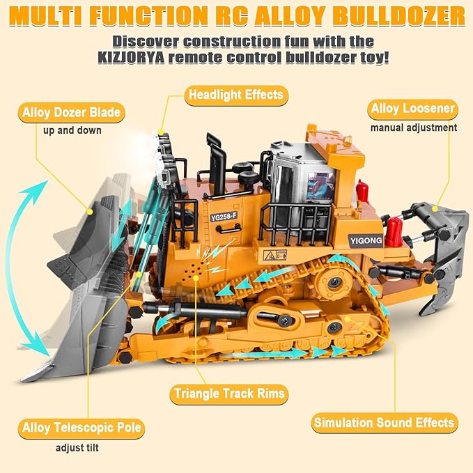 Remote Controlled Bulldozer 9-Channel Metal RC Construction Vehicle Toy with Lights Sound and Rechargeable Battery Remote Controlled Bulldozer Toy Gift for Kids Boys Girls Aged 4-12 (2.4 GHz)