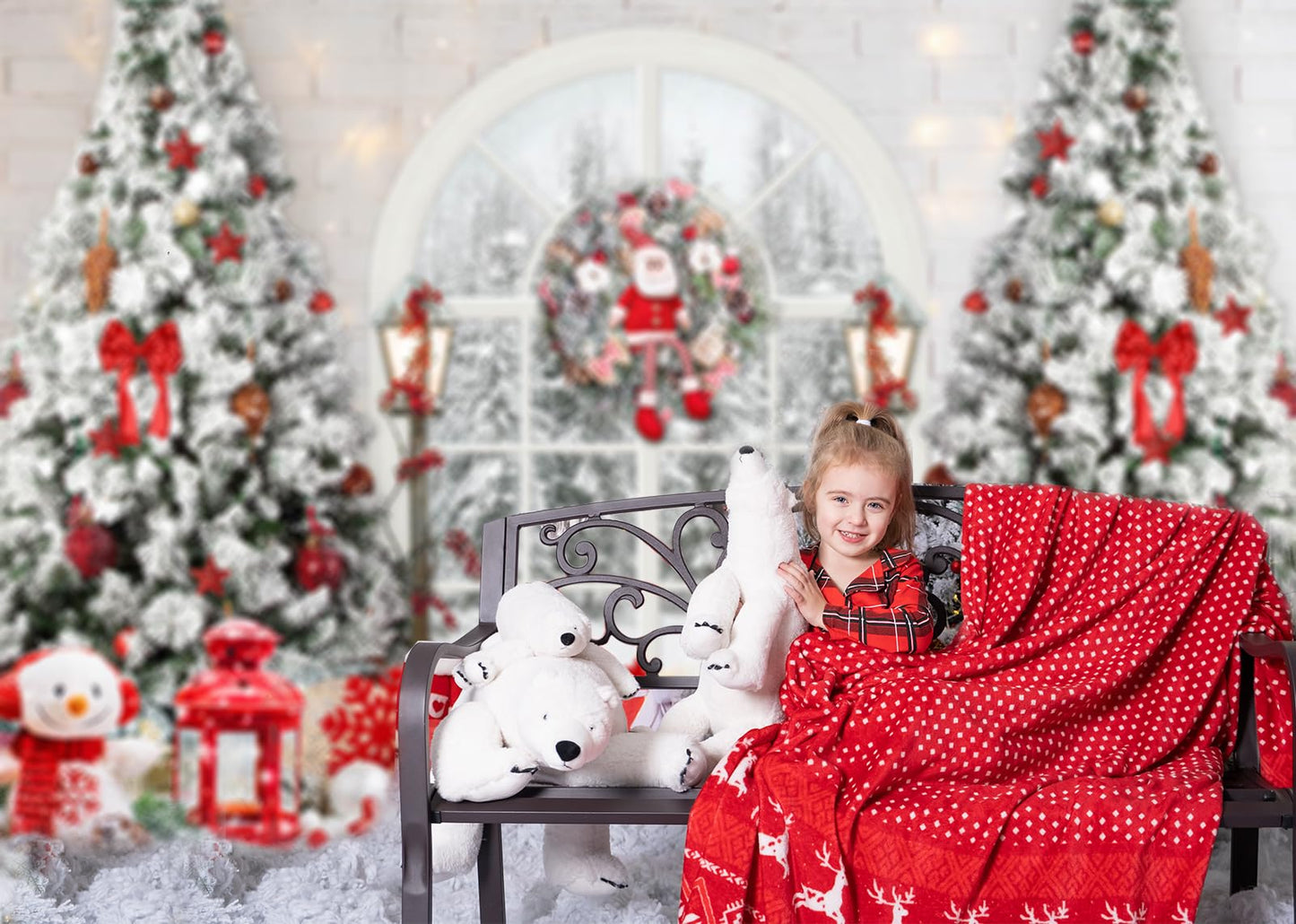 Mocsicka Christmas Window Backdrop Snow World Santa Claus Snowman Photography Background Christmas Tree New Years Kids Family Party Decoration Props Portrait Photo Studio Props (8x6ft)
