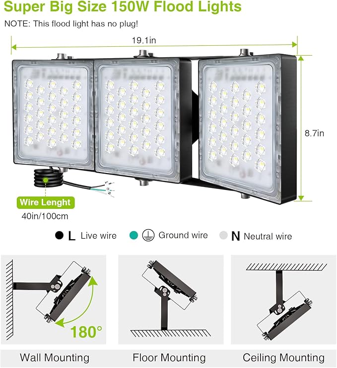 STASUN 150W Dimmable LED Flood Light, Outdoor Area Lighting, IP66 Waterproof Exterior Floodlight Commercial Security Light, 6000K Daylight White, 3 Adjustable Heads for Yard, Street,Parking Lot