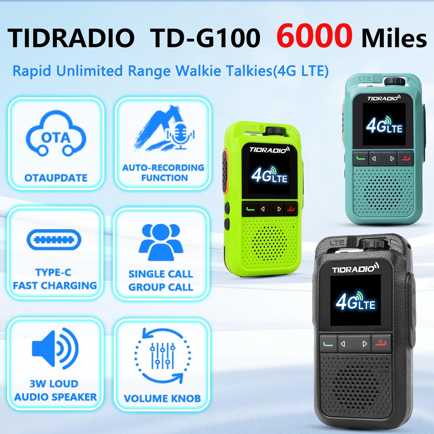 TIDRADIO Unlimited Range Rapid Walkie Talkies 6000+Miles,4G LTE Long Range PoC with SIM Cards,Nationwide PPT Two-Way Radios, Global Long Distance Radios for Family,Logistics,Construction site,TD-G100