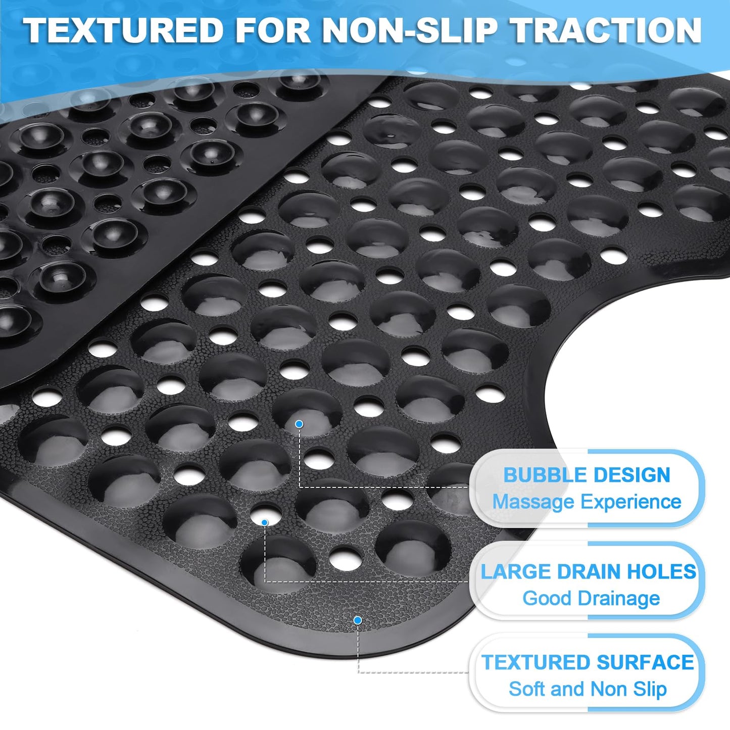 Linoows Bathtub and Shower Mats, 40x16 Inch Extra Large Non Slip Soft Bath Tub Mat with Suction Cups and Drain Holes for Bathroom Floor and Keep Tubs Clean, Machine Washable, Black
