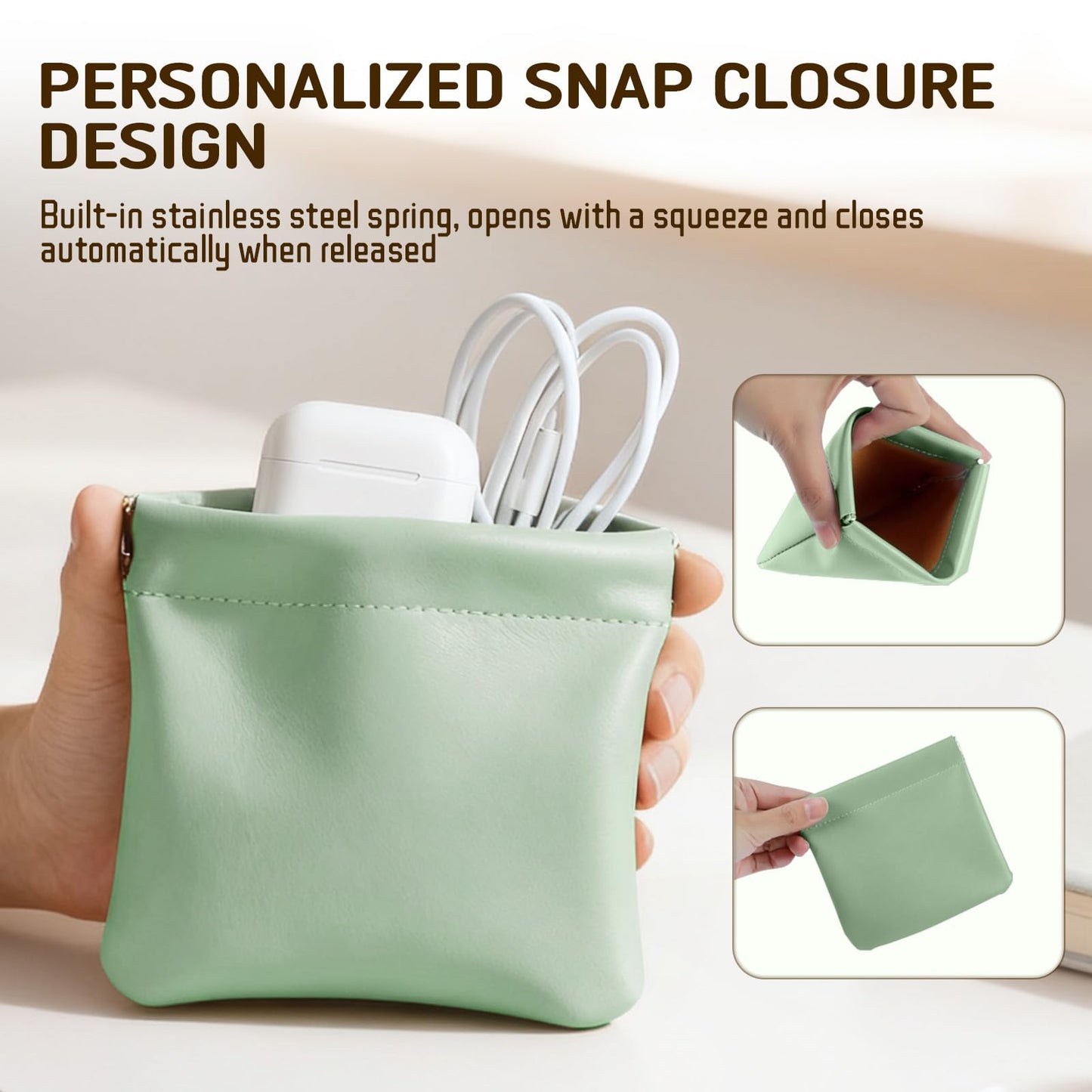 4Pcs Personalized Snap Closure Leather Organizer Pouch, Lambskin Pocket Cosmetic Bag, Portable Self-Closing Small Makeup Bag for Purse Women Mini Travel Coin Storage Pouches(4.7 * 4.5in)
