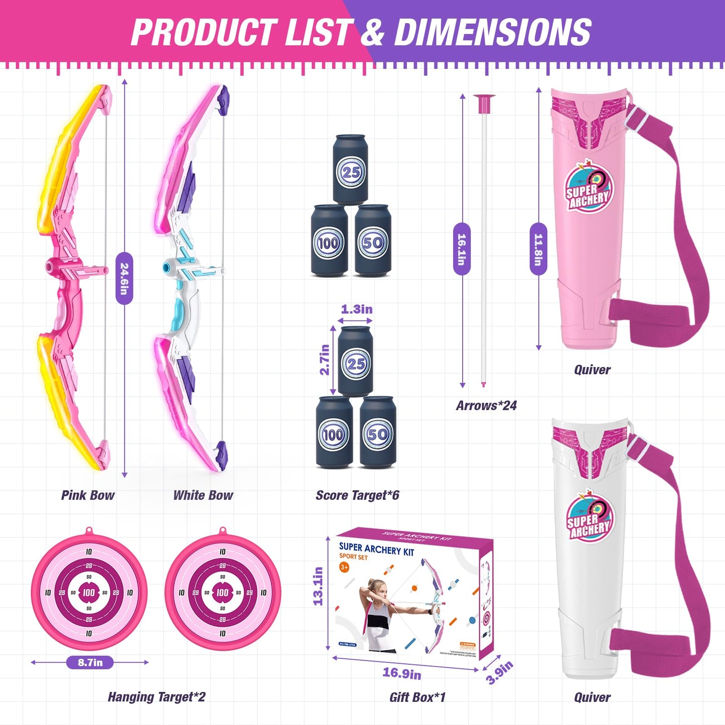 HYES 2 Pack Bow and Arrow for Kids, LED Light Up Archery Set with 24 Suction Cup Arrows, 2 Hanging Targets, 6 Score Targets & 2 Quiver, Indoor Outdoor Sport Toys for Girls Ages 4-12