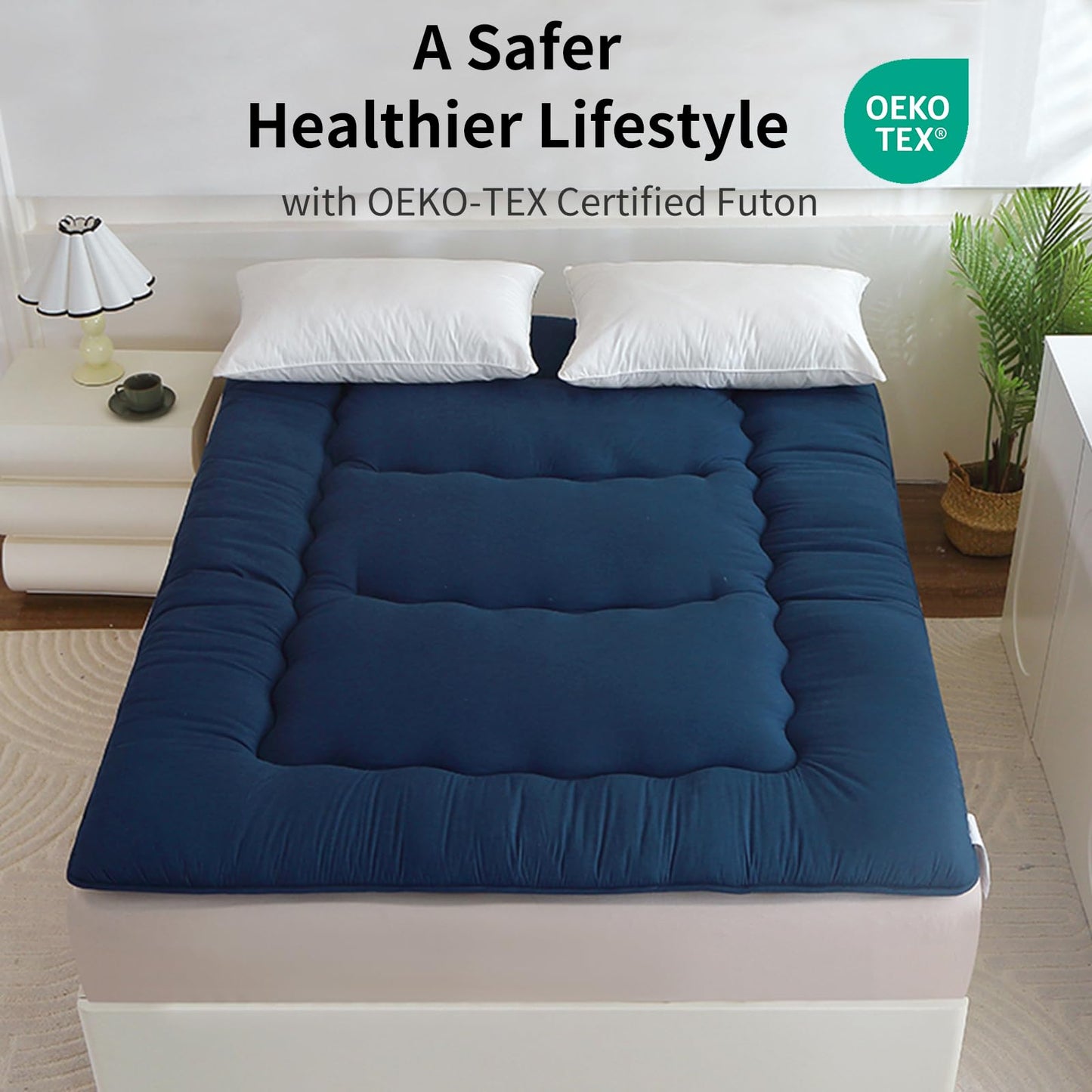 FISHDRU Futon Mattress, Japanese Floor Mattress,Japanese Floor Bed,Tatami Foldable Bed,Roll Up Sleeping Pad for Adults Guest Room Bedroom (Blue, Twin)