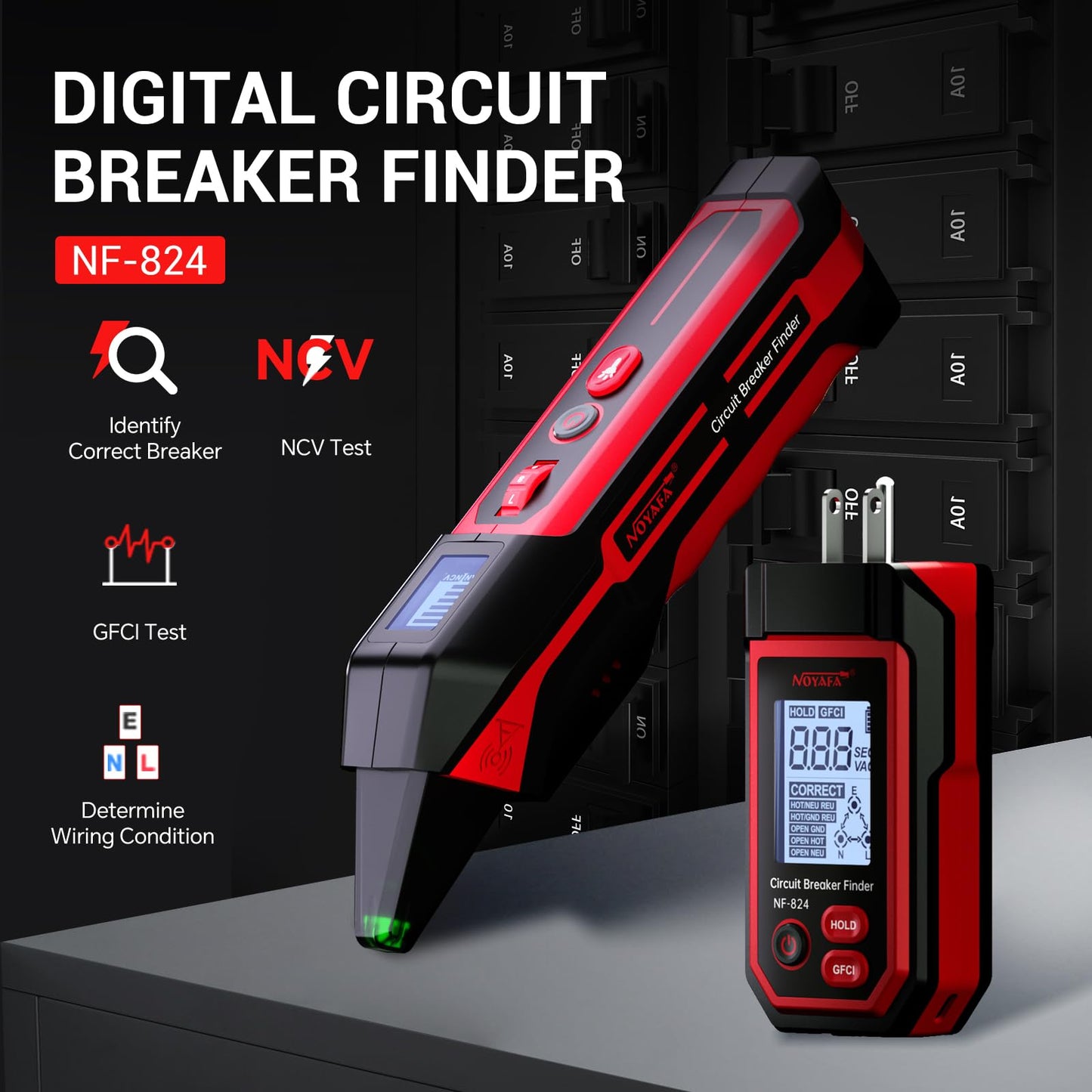 NOYAFA Rechargeable Circuit Breaker Finder with LCD Display & GFCI Outlet Tester, NCV AC Electric Tester Circuit Tracer, Adjustable Sensitivity, Flashlight- NF-824