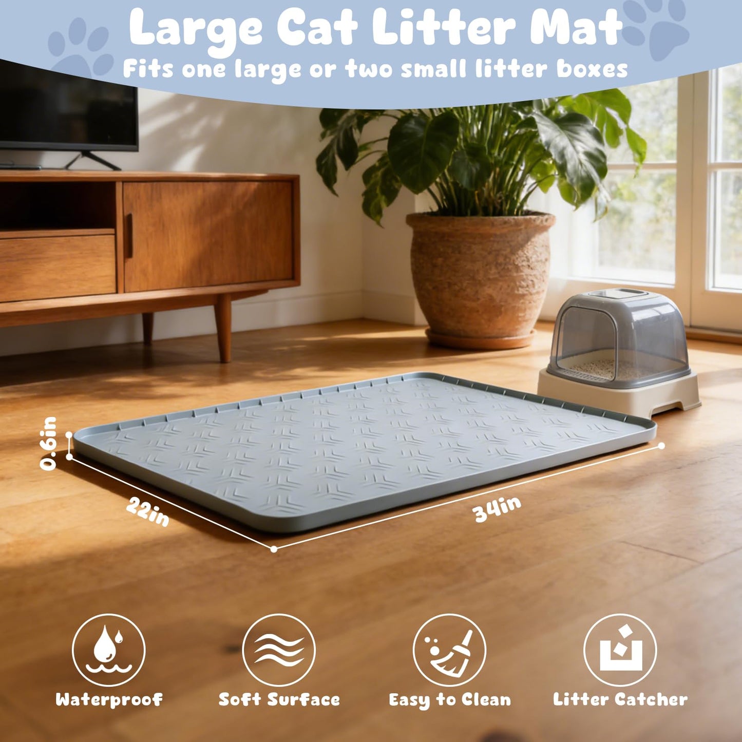 JUJOMAT Cat Litter Box Mat, 34"×22" Waterproof Silicone Cat Litter Trapping Mat Non-Slip Gray Kitty Litter Mat for Indoor Cats, Rubber Pet Food Mats with Lip Easy to Clean & Soft