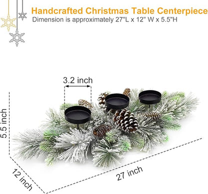 Christmas Table Centerpieces Decorations, 27.5 Inch Designed with Flocked Pine Needles, Frosted Pine Cones for Dining Table Mantel (Snowy)