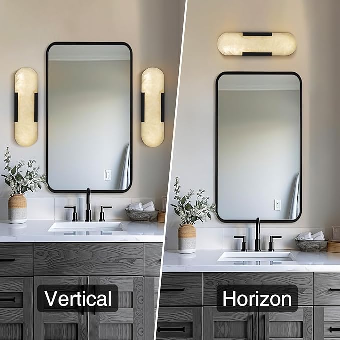 13.8 inch Black Alabaster Wall Sconces Set of 2, Natural Marble Wall Lighting, Bedside Wall Lamp, Indoor Vanity Light Fixtures for Hallway, Bathroom Living Room (Including LED)