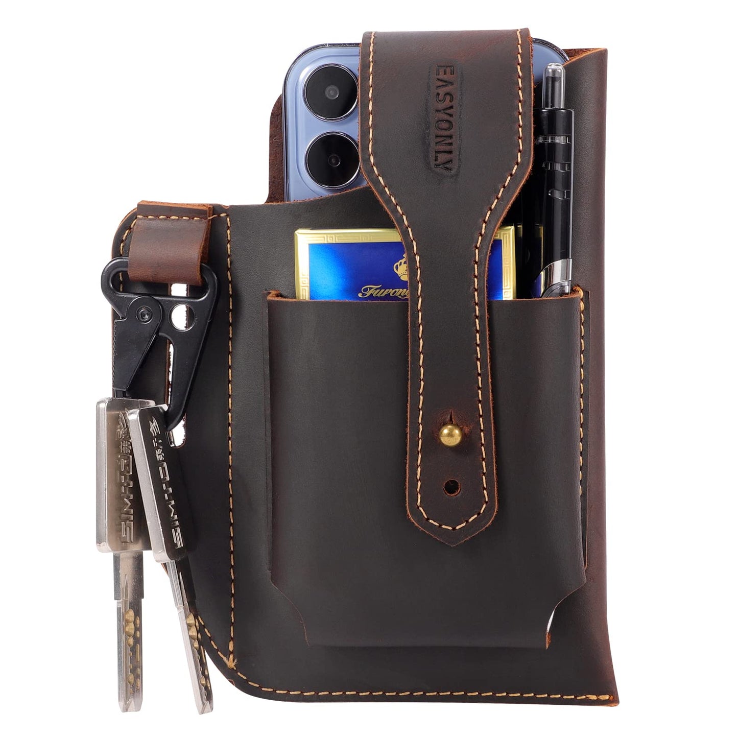 Genuine Leather Phone Holster,Universal Cell Phone Case with Snap Closure & Belt Clip, Leather Pouch for iPhone 16/15/14 Pro Max & Samsung Galaxy S24/S23 Ultra,Universal Belt Pouch for Men with Case