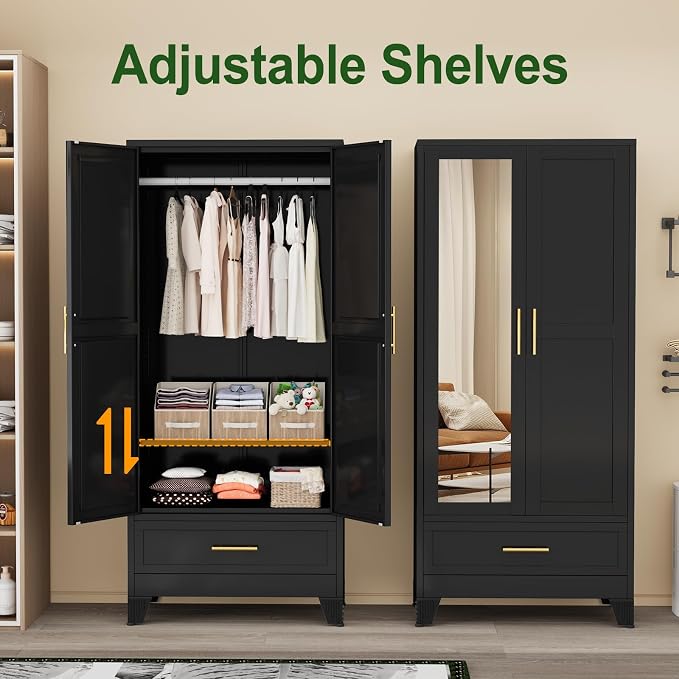 winiowa Metal Armoire Wardrobe Closet with Drawer, 71" Wardrobe Cabinet with Adjustable Shelves and Hanging Rod, Clothing Storage Cabinet Closet with Mirror for Bedroom-Black