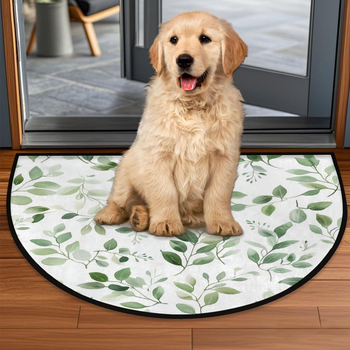 Eucalyptus Leaves Half Round Door Mat Soft Non Slip Semi Circle Bath Rug with TPR Backing,Sage Green Botanical Welcome Doormat Entryway Rugs for Front Door Living Room Bathroom,36x24IN