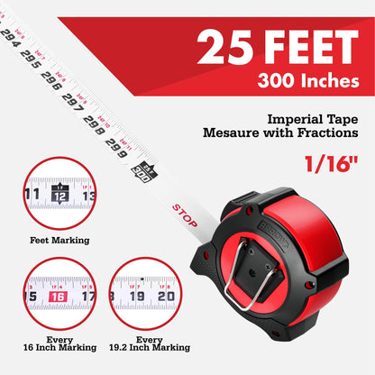 Arrow 25FT Tape Measure, 2PCS Easy Read Measuring Tape with Dual Locking System, Double Sided Measurement Tape with 1.25″ Blade, Belt Clip, Dual-End Metal Hook, and Rubber Protective Casing