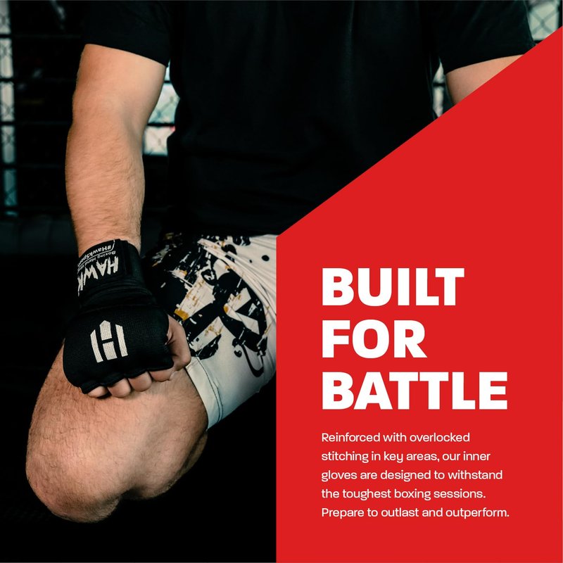 Hawk Padded Inner Gloves Training Gel Hand Wraps for Boxing Quick Wraps Men & Women Kickboxing Muay Thai MMA Bandages Fist Knuckle Wrist Protector Handwraps (Pair) (Black, S/M)