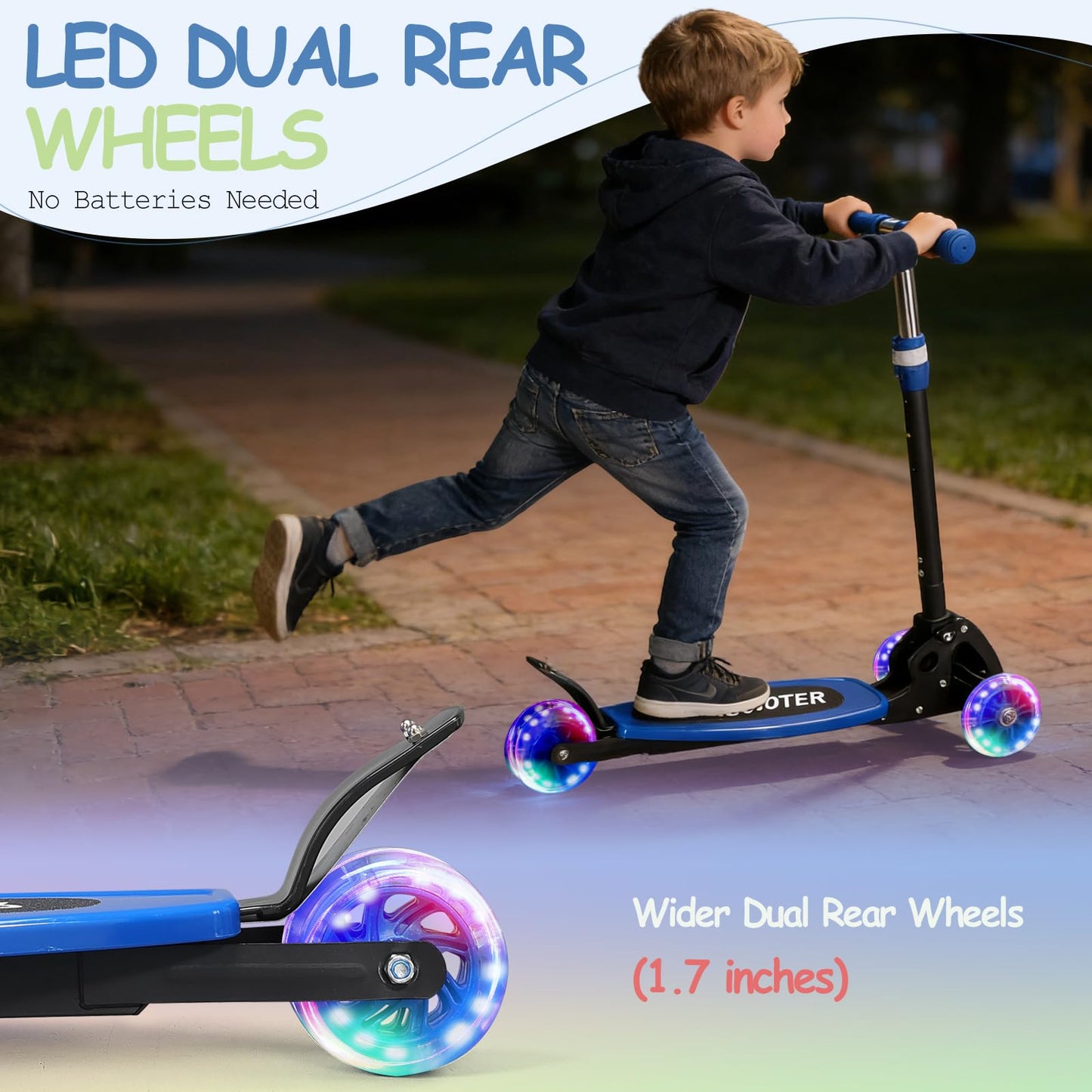 HOSKO Kick Scooter for Kids 2-7 Age， Light up 3 Wheels Kick Scooter, Heavy Duty Folding Lean-to-Steer Scooters with 3 Adjustable Handlebar for Boys Girls Blue
