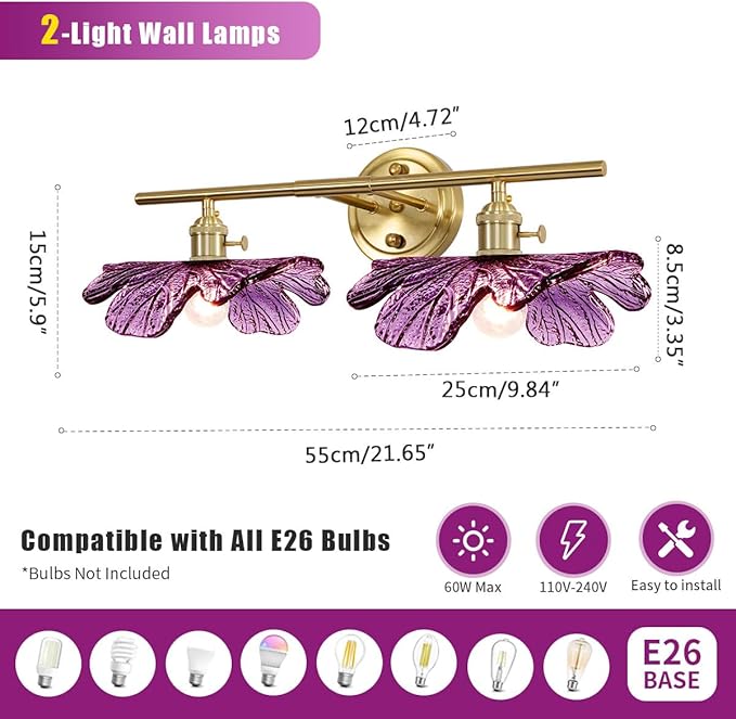 Gold Bathroom Vanity Lights Over Mirror, 2 Light Vintage Wall sconces with Purple Glass Shade Bathroom Lighting Fixture mid Century Wall Sconce Glass Wall Lighting for Bedroom Doorway Hallway