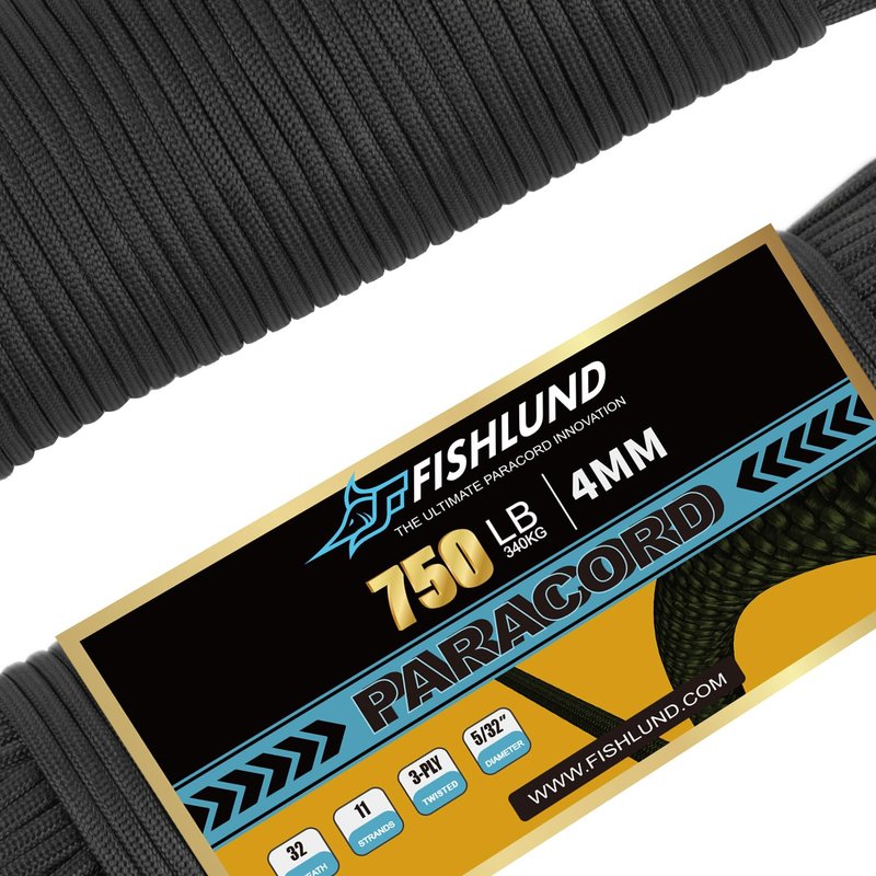 FISHLUND 750lb Paracord, 4mm 11 Strand Parachute Cord, Heavy Duty Nylon Paracord Rope for Camping, Outdoor, Black, 50FT