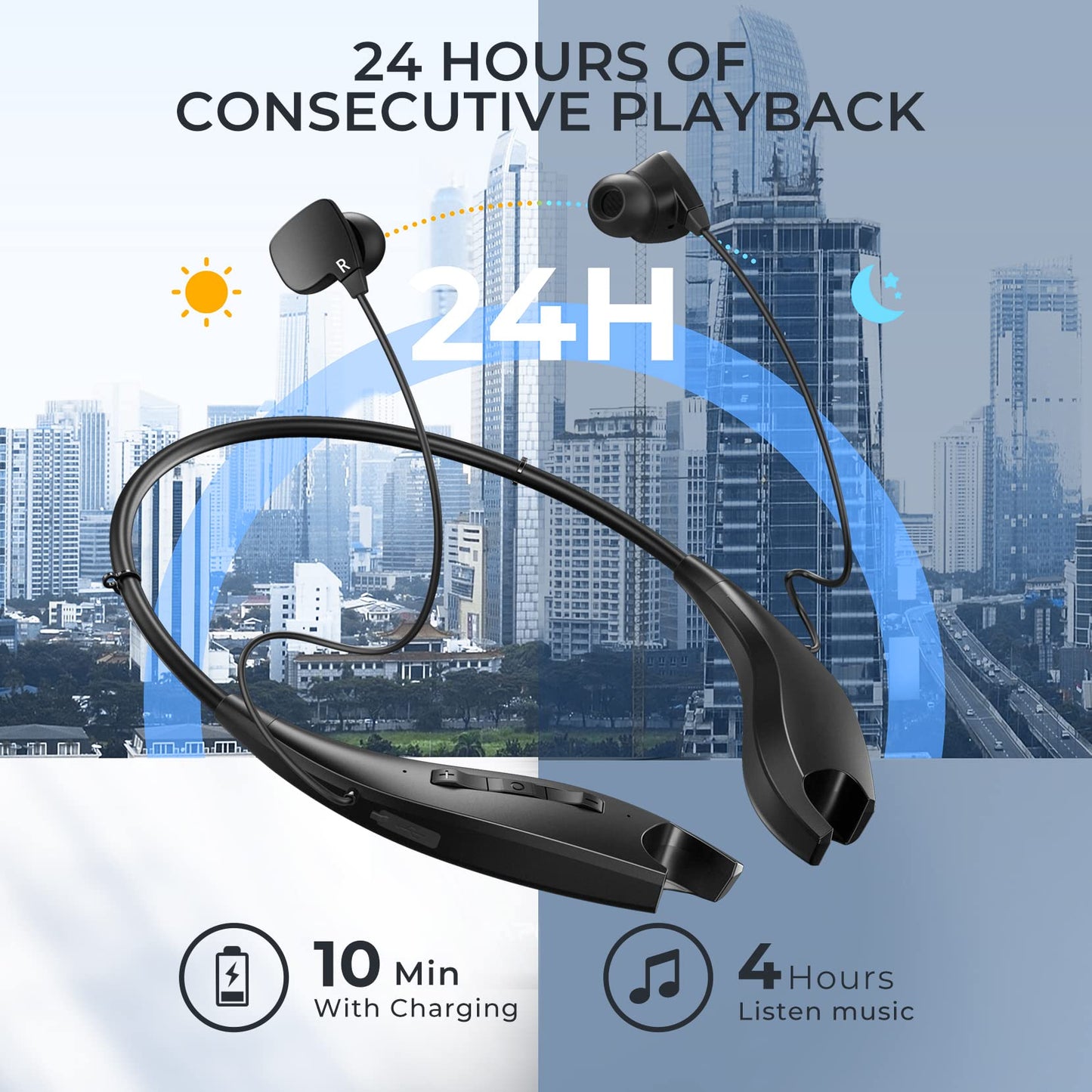 YOSDOM Neckband Bluetooth Headphones, Around The Neck Headphones 24H+ Playtime, Bluetooth Headsets with Call Vibration, Shark Jaw Design Wireless Earbuds+Noise Isolation/Built-in Mic/IPX7 Waterproof