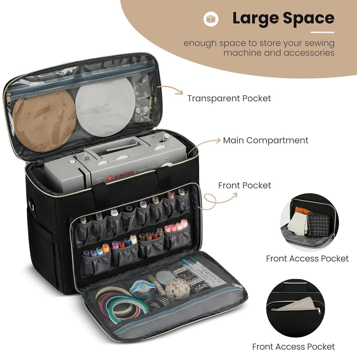 kadilong Sewing Machine Case with Multiple Storage Pockets&Removable Pad for Accessories, Universal Carrying Tote Sewing Machine Storage Bag Compatible with Most Standard Singer, Brother, Janome