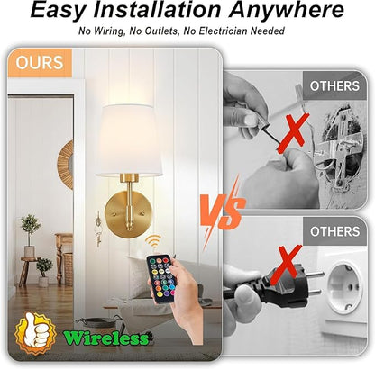 Rechargeable Wall Sconces Set of 2, Brushed Gold Cordless Battery Operated Sconce with Dimmable LED Bulb and Remote, 13 Colors Wall Lights for Bedroom Living Room Hallway