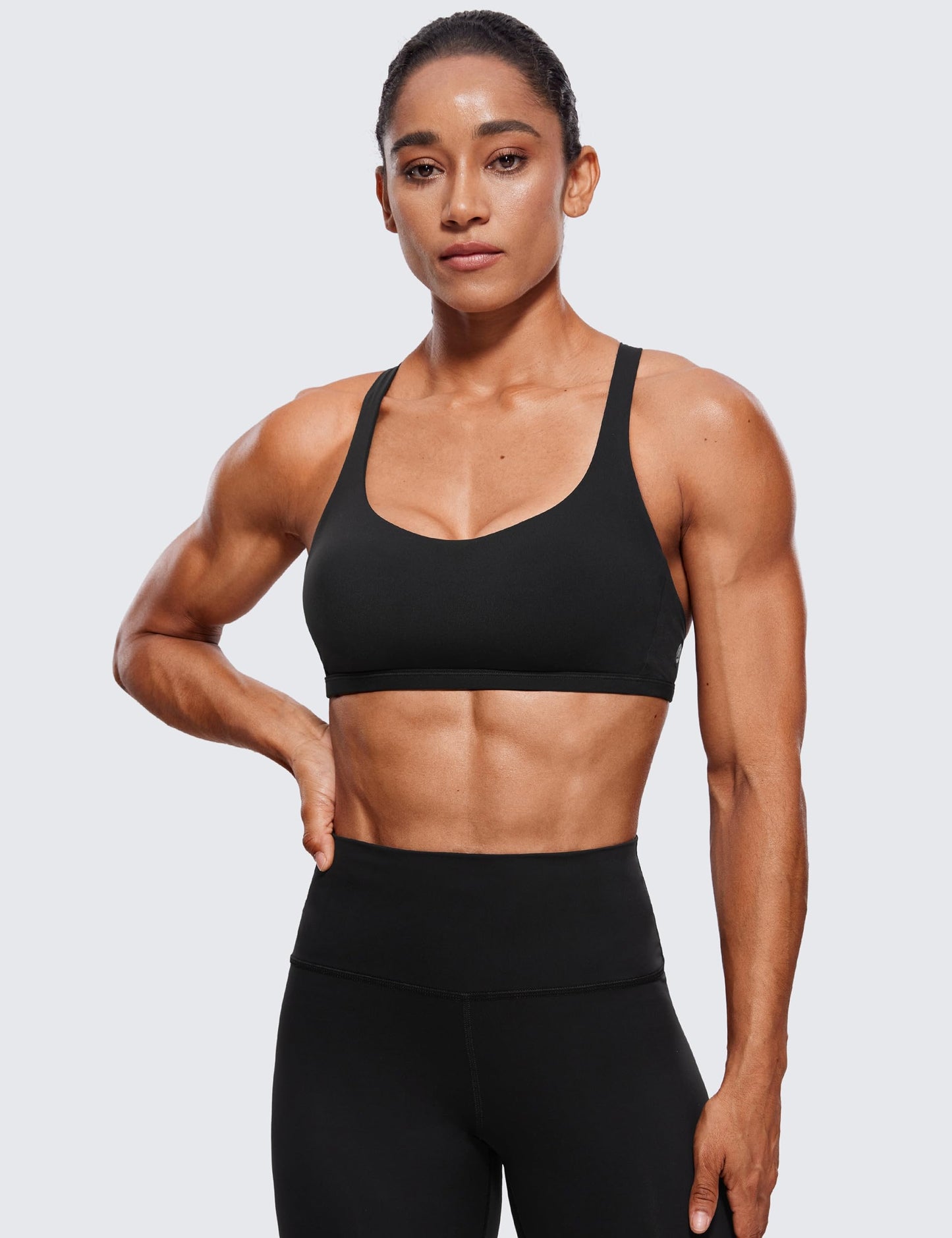 CRZ YOGA Naked Feeling Cross Back Sports Bras for Women - Strappy Back Padded Medium Support Wireless Gym Cami Workout Yoga Black Small