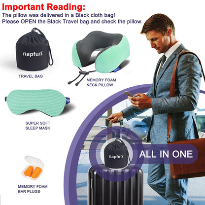 napfun Neck Pillow for Traveling, Upgraded Travel Neck Pillow for Airplane 100% Pure Memory Foam Travel Pillow for Flight Headrest Sleep, Portable Plane Accessories, Light Grey