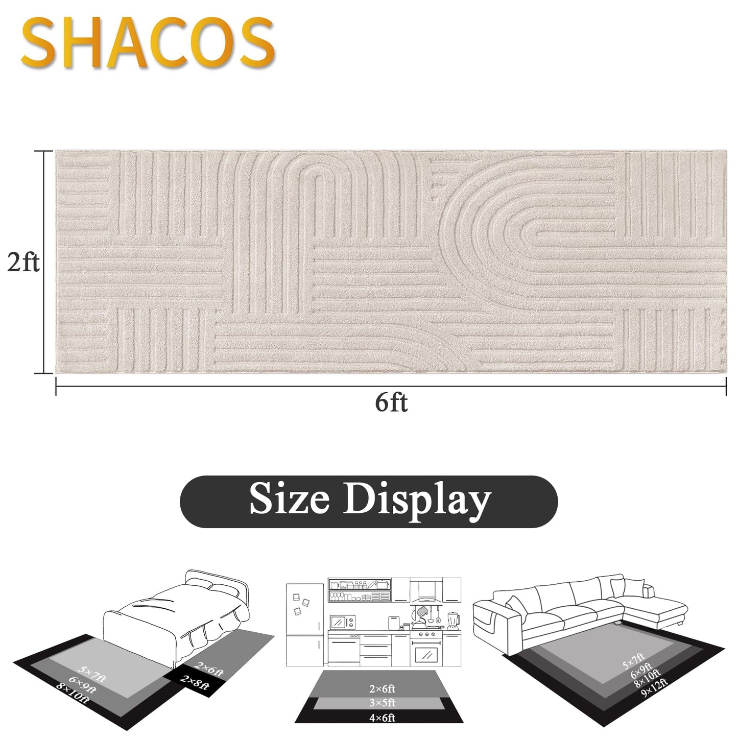 SHACOS Soft Cozy Fluffy Arch Pattern High Low Pile Runner Rugs 2'x6' Non Slip Washable Scandinavian Minimalist Rug Modern Geometric Arc Carpet for Living Room Bedroom Bathroom, Beige