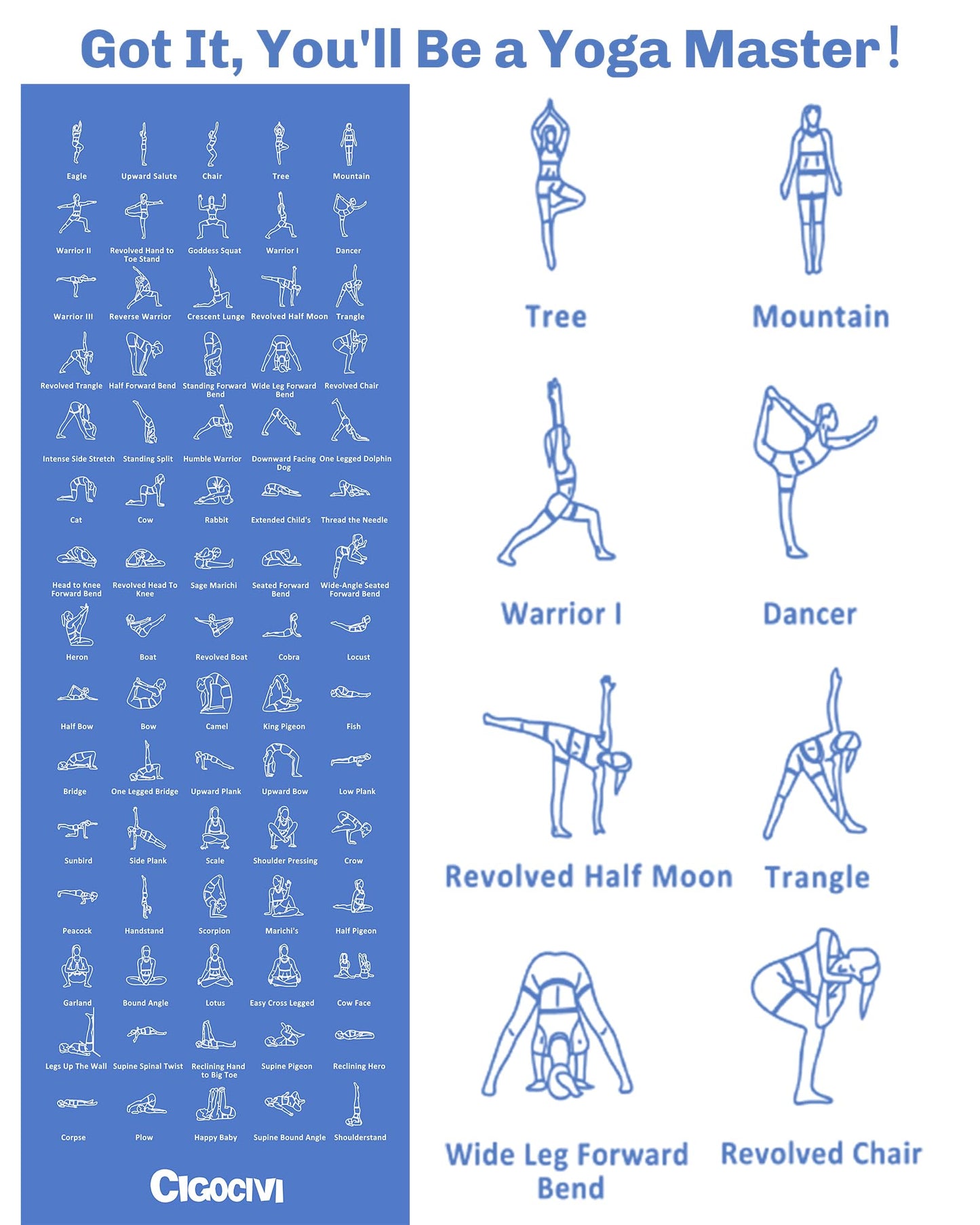 Instructional Travel Yoga Mat with 75 Poses & Exercises - Non-slip Exercise Mat for Home Workout, Includes Carrying Bag - Perfect for Beginners, 68"x24"x0.25"