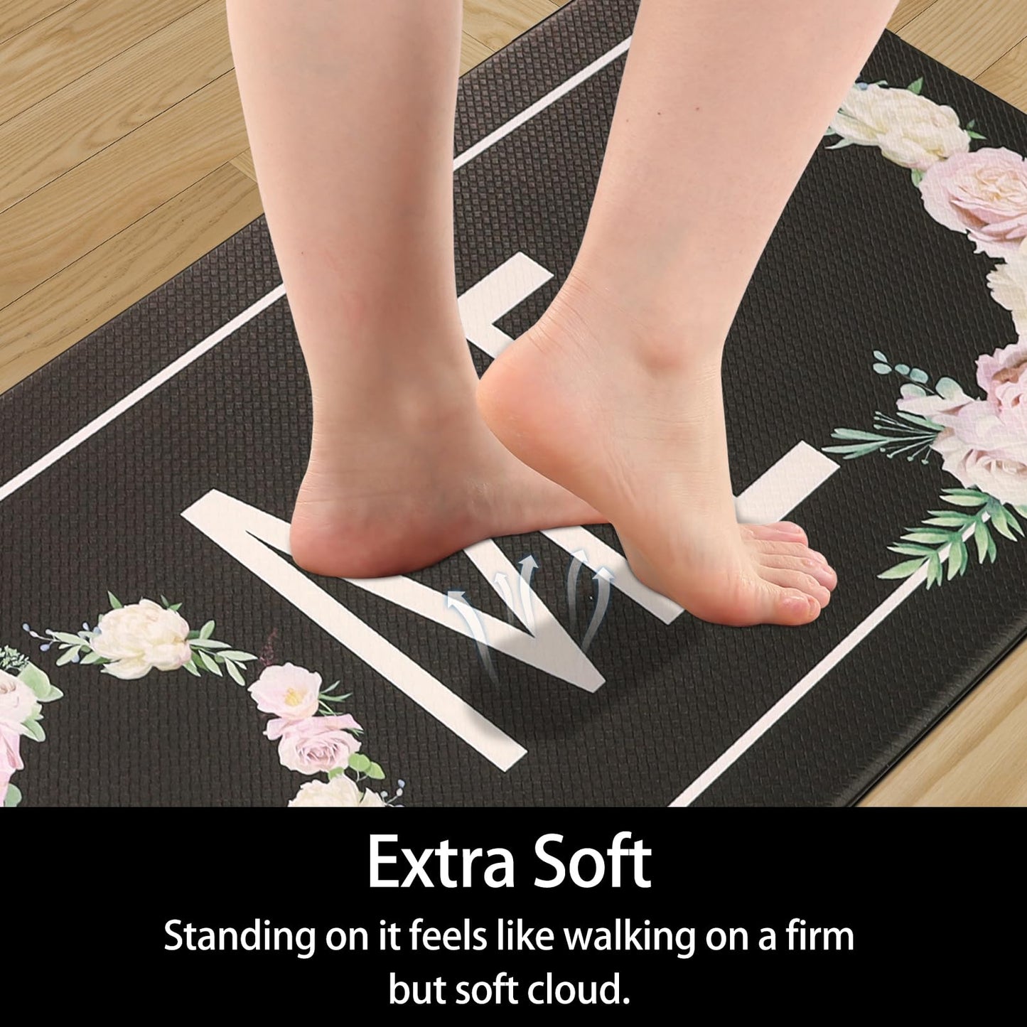 PCSWEET HOME Black Kitchen Mats for Floor 2 Piece Floral Anti Fatigue Mats for Kitchen Floor Kitchen Rugs Cushioned Anti Fatigue Waterproof for Kitchen, Laundry Room, 17.3"x30"+17.3"x47"