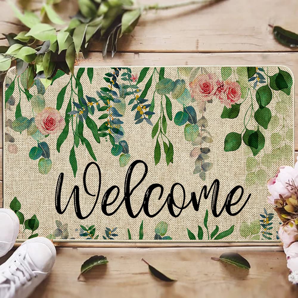 ORTIGIA Welcome Doormat Summer Eucalyptus Leaves Floral Doormat Outdoor Outside Indoor Entrance Mat Non-Slip Durable Absorbent Easy Clean Entryway 17x29 Inch