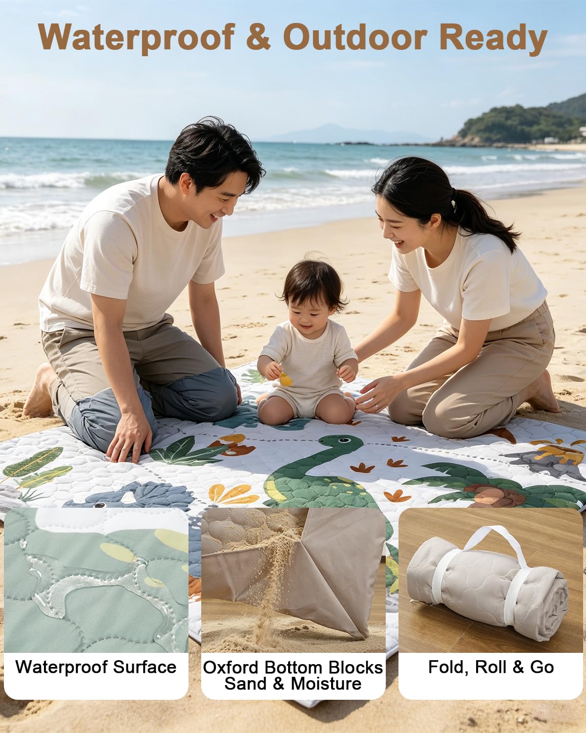 Miloey 2-in-1 Baby Play Mat Indoor & Outdoor, 50x50in Thick Foam Playpen Mat with Waterproof Removable Cover, Non-Slip Soft Crawling Floor Mat for Infants, Toddlers, Travel, Picnic & Camping, Dinosaur