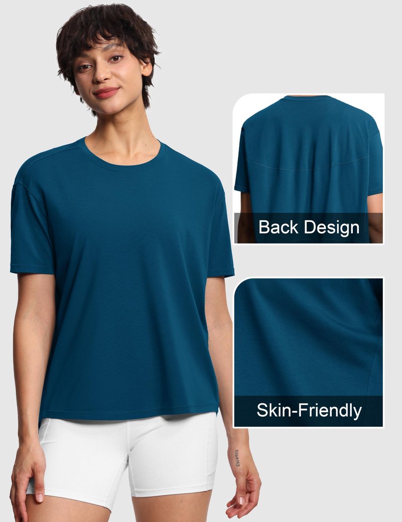 THE GYM PEOPLE Women's Short Sleeve Workout T-Shirts Back Loose Fit Running Yoga Tee Tops Dark Blue Green