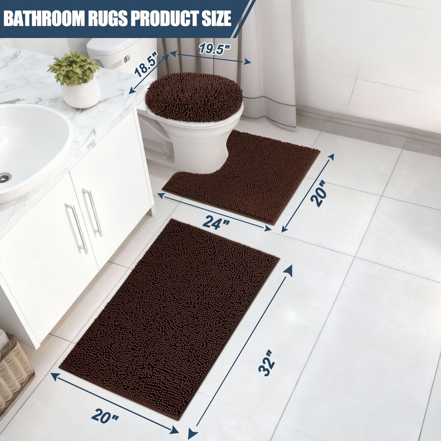 Baahrnom Bathroom Rugs Sets 3 Piece with Adjustable Toilet Seat Cover 19.5"x 18.5" Machine Washable Bath Rug Set with TPR Non Slip Rubber Backing Solid Bath Mat Set for Luxury Bathroom Decoration
