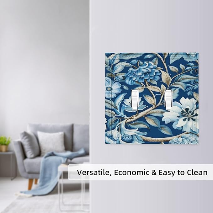 Blue Flowers Branches Leaves Floral Pattern Light Switch Covers Double Toggle 2 Gang Wall Plate Dual Decorative Switchplate Electrical Faceplate for Farmhouse Living Room Decor