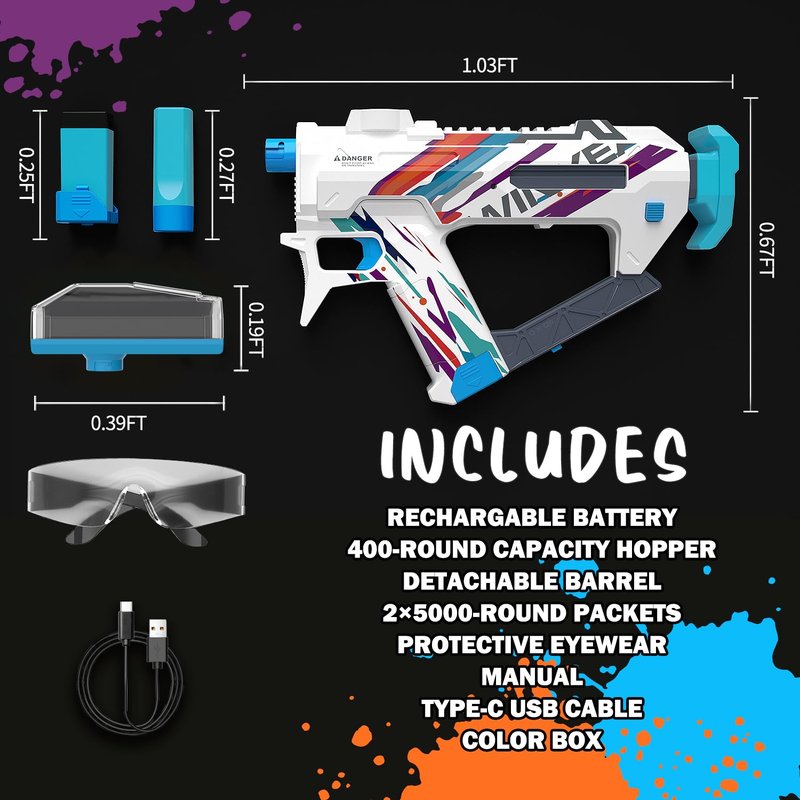 Electric Crystal Splatter, Automatic Splatter Ball Blaster with Adjustable Shooting Power,400 Round Hopper with Rechargeable Battery,Outside Activities Toys for Teens Age 14 & Up - White
