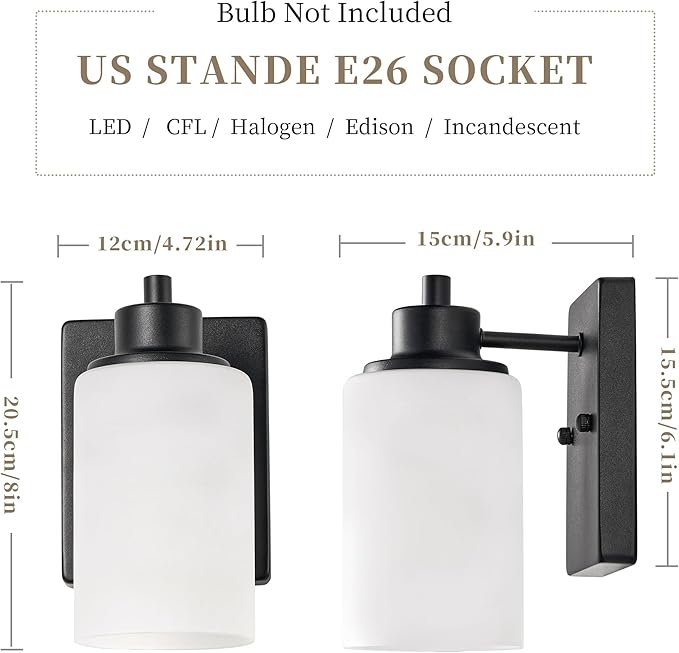2-Pack Bath Vanity Light Fixture 1-Light, Indoor Farmhouse Bathroom Wall Sconces Lights for Living Room, Porch, Bedside, Black Finish with White Frosted Glass Shades Wall Mounted Lights