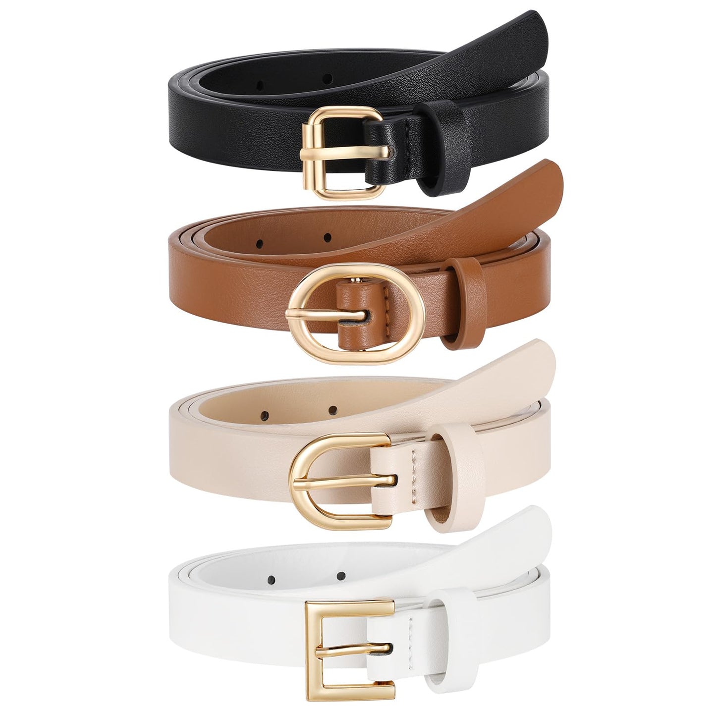 JASGOOD 4 Pack Women Skinny Leather Belt for Dresses with Gold Buckle Ladies Thin Waist Belt for Jeans Pants，Beige+White+Black+Blue