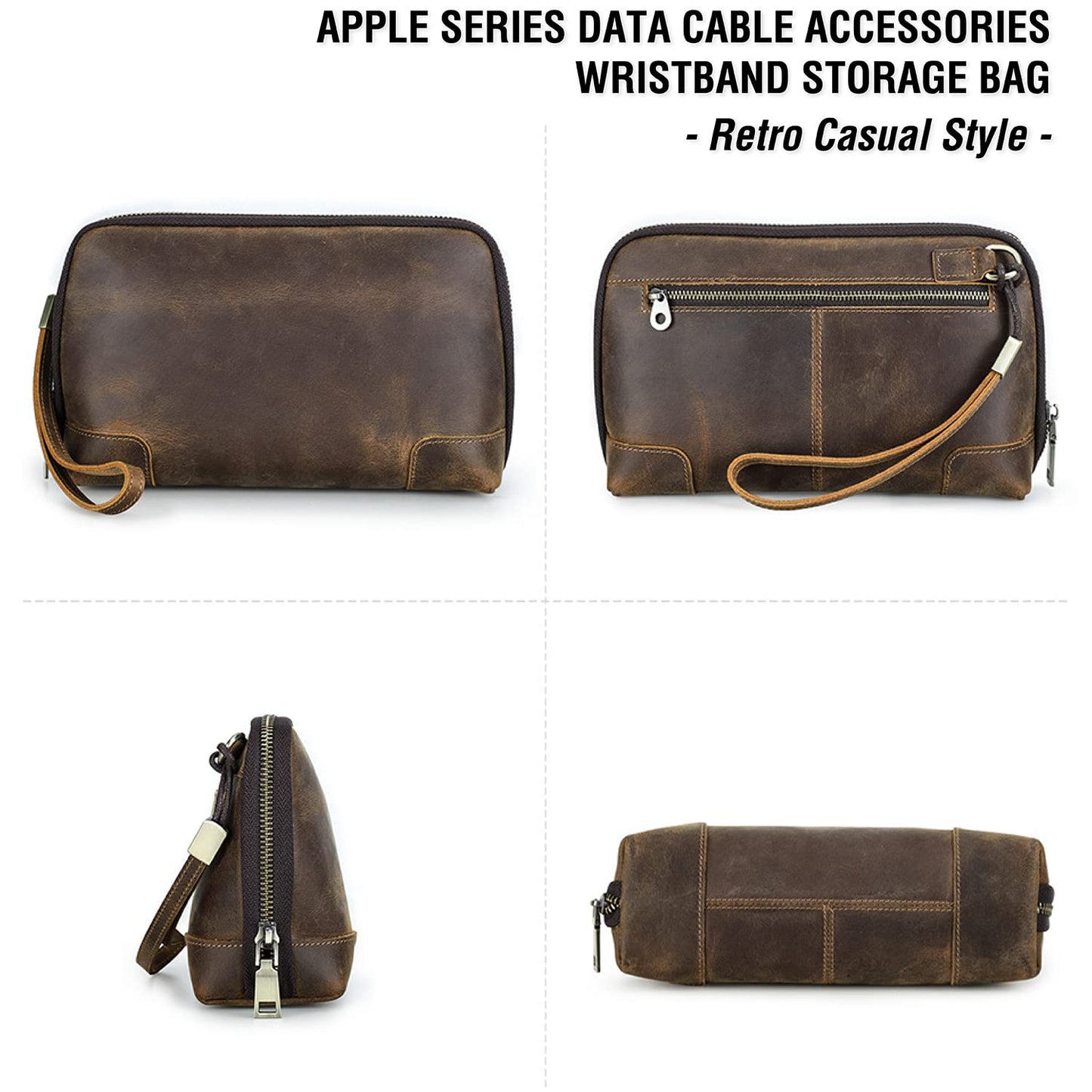 CataPurus Electronic Organizer Zipper Bag Tech Pouch, Top Grain Leather Handmade, Portable Compact Travel Storage Cases Fits Apple Accessories, Phone, USB Cables, Power Banks, Chargers, Hard Drive