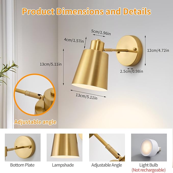 2 Pack Gold Wireless Battery Operated Wall Sconces, Dimmable Battery Powered Wall Decor Set of 2, Cordless Indoor Wall Light Lamp with Remote Control for Bedroom Living Room