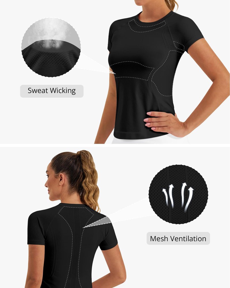 Stelle Women Workout Tops Short Sleeve Seamless Athletic Shirts Yoga Gym Sports Breathable Tees(Black,XS)