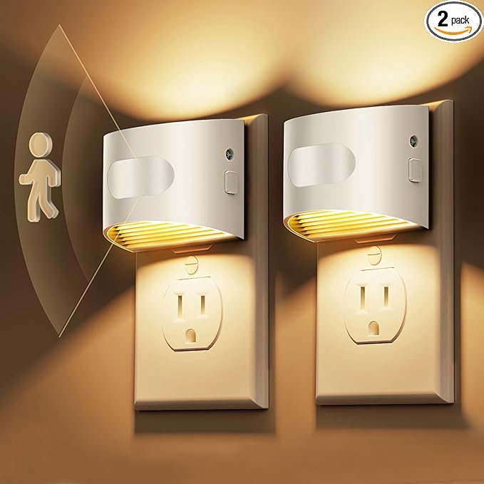 L LOHAS LED Motion Sensor Night Light, Dusk to Dawn & Motion Activated LED Night Light, Night Lights Plug into Wall with 30-100lm Adjustable Brightness, 3000K Soft White, White Housing 2 Pack